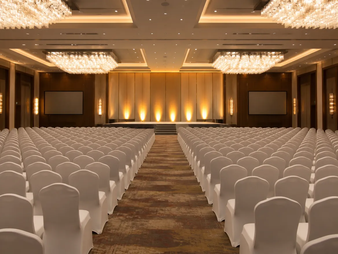 Salón de conferencias con filas de sillas blancas frente a tarima iluminada