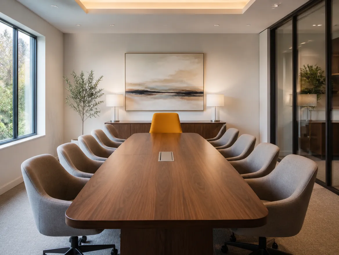 Sala de juntas con mesa de nogal y sillas tapizadas en gris cálido